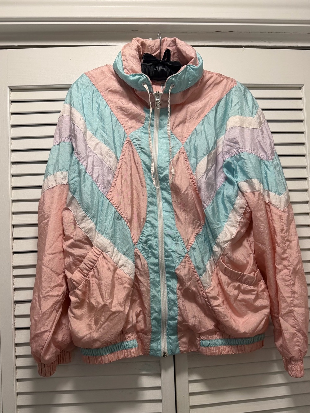 Vintage 80s 90s Colorblock Windbreaker Jacket Pastel Pink Teal Full Zip Retro